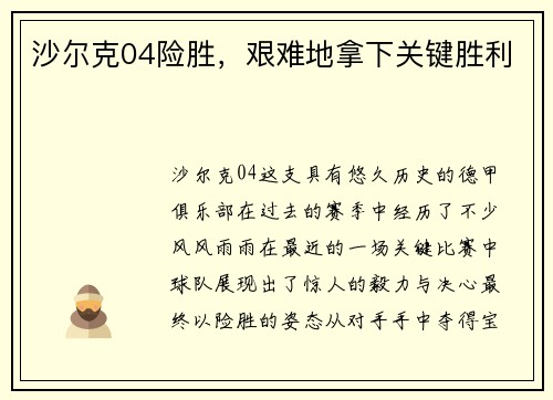 沙尔克04险胜，艰难地拿下关键胜利